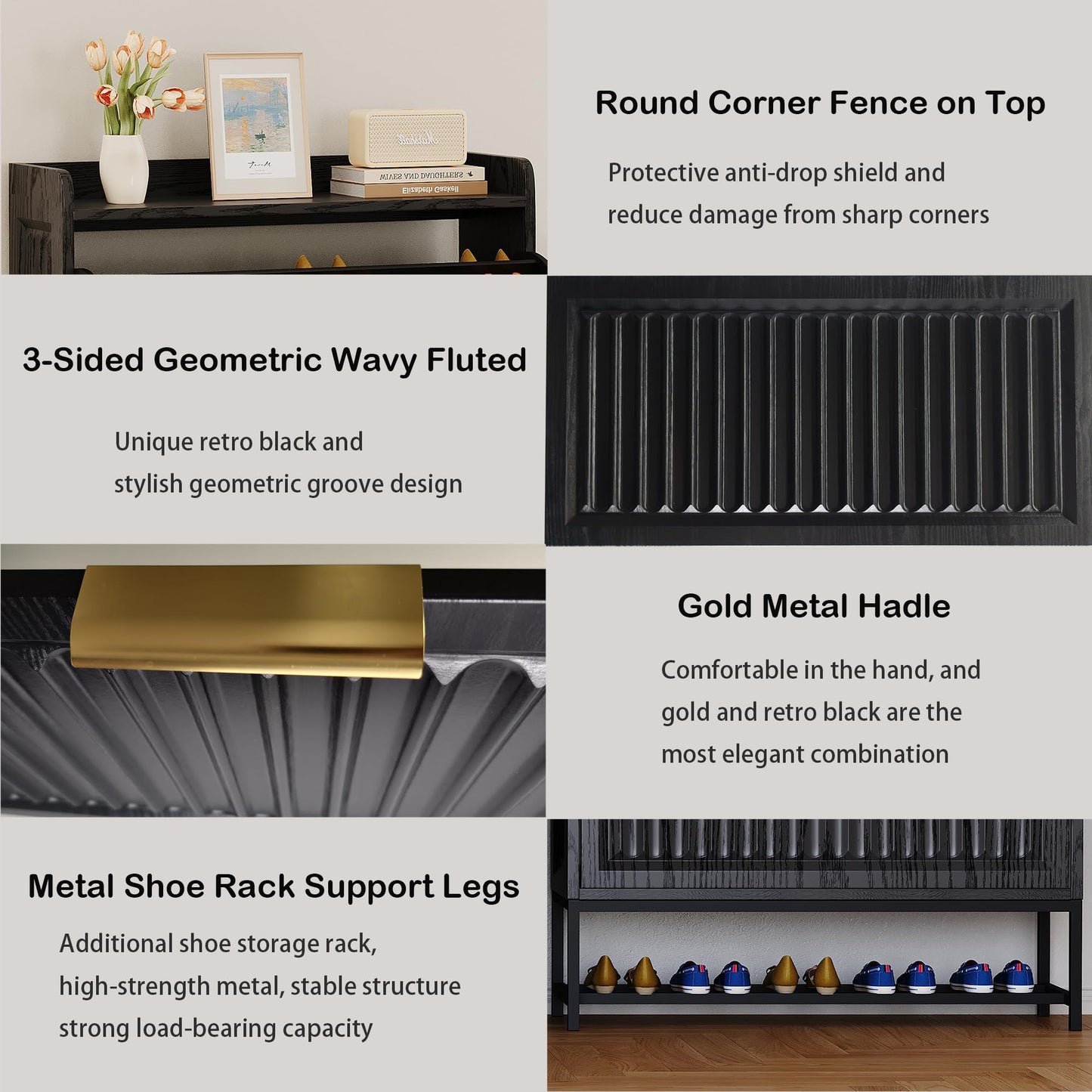 Kogven Shoe Storage Cabinet, Entryway Shoe Rack Cabinet with 2 Flip Drawers Metal Leg,Narrow/Slim/Wide Shoe Organizer Locker, 3-Sided Geometric Wavy Fluted Panel (Vintage Black, 31.5*9.5*40.0 Inch)