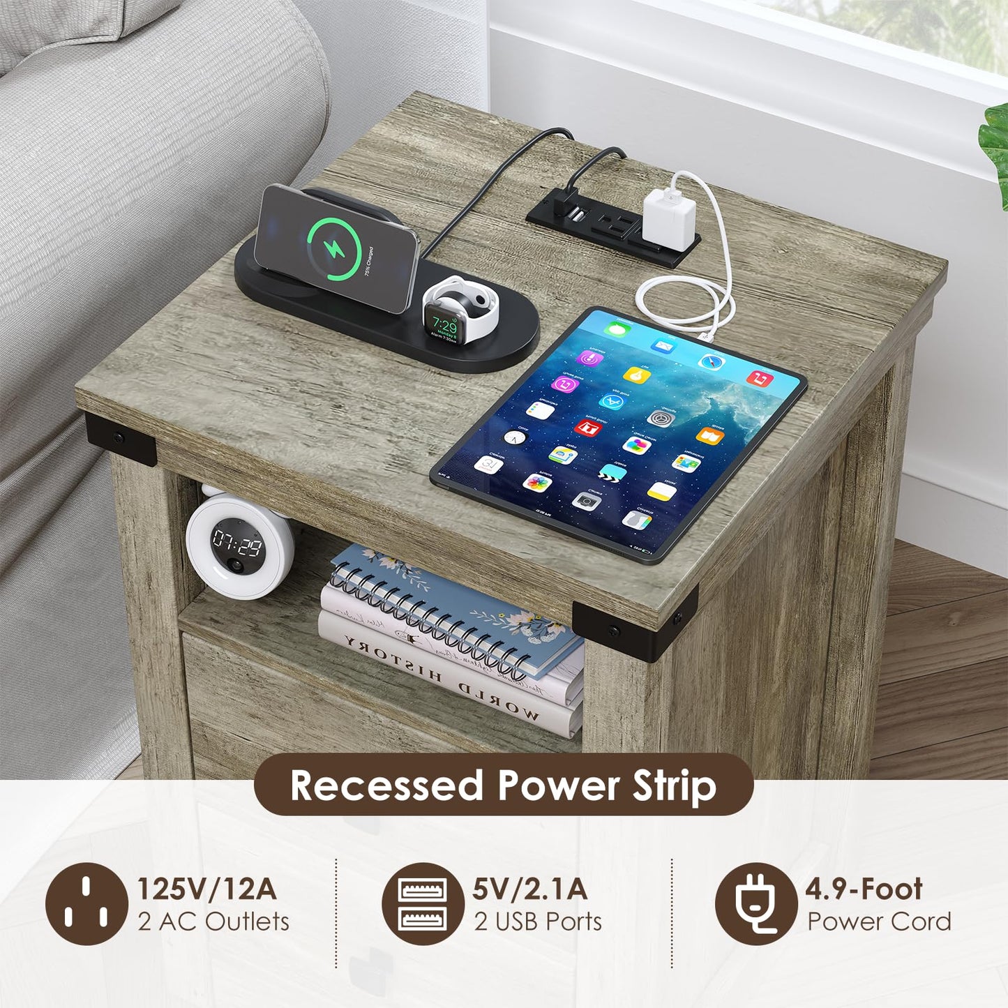 RexTact Farmhouse Nightstand with LED Lights and Built-in Power Outlets & USB Ports,17.7"D x 17.7"W Bedside Table with 2 Drawers and Open Storage Shelf, End Table for Bedroom,Home Study Storage,Gray