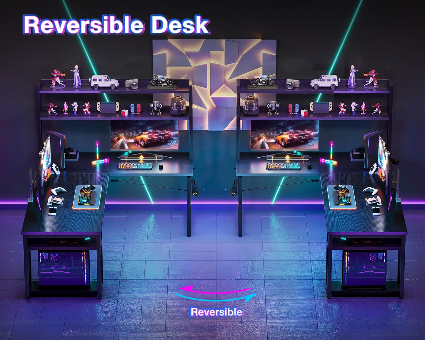 ODK L Shaped Gaming Desk with Hutch, Computer Desk with Storage Shelves, 66" L Shaped Desk for Home Office, Corner Desk with Headphone Hook, Black