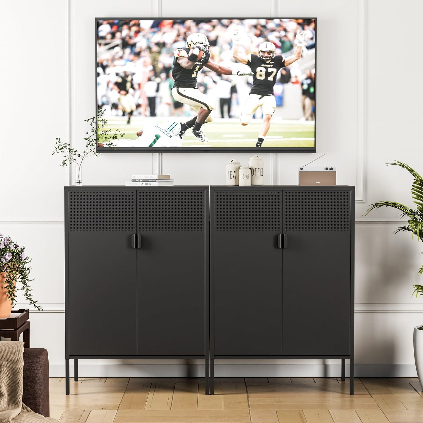 Ustamio Black Metal Storage Cabinet, Metal Locker Storage Cabinet with Doors and Shelves, 3 Tier Steel Office Storage Cabinet, Metal Sideboard for Home, Office, Kitchen and Coffee Bar