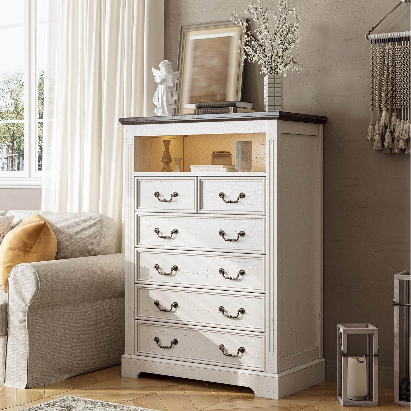 EnHomee Farmhouse 6 Drawer Dresser for Bedroom LED Light & Power Outlets, 48" H Wood Dressers & Chests of Drawers with Natural Texture, Hallway, Antique White