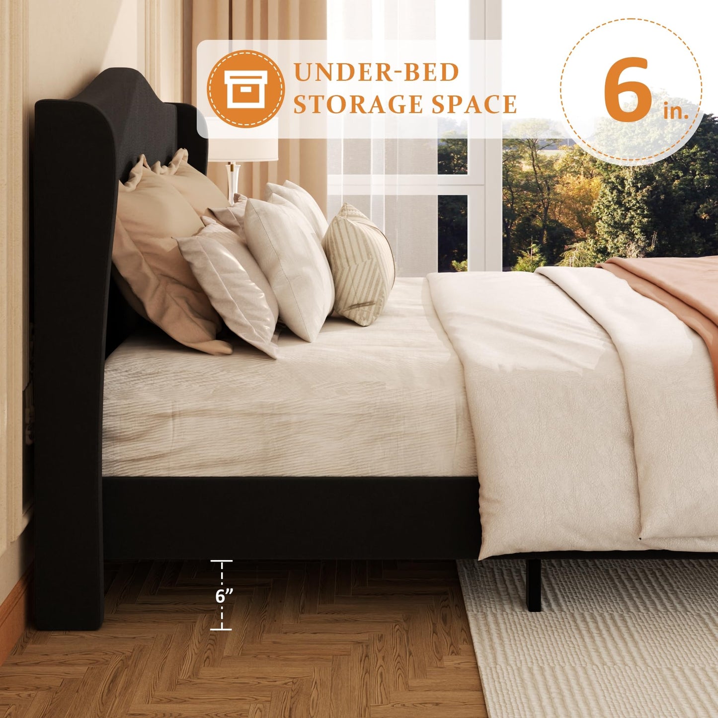 Konprosp King Size Bed Frame with 51" Tall Headboard, Chenille Upholstered Platform Bed Frames with Classic Curved Wingback & Retro Wood Legs, No Box Spring Needed, Noise Free, Easy Assembly, Black