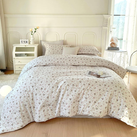 EAVD Vintage Garden Pink Floral Comforter Set Queen Boho Soft Microfiber Chic Cute Floral Bedding Set for Girls Women and 2 Pillowcases Fresh Reversible Botanical Comforter Set for All-Season