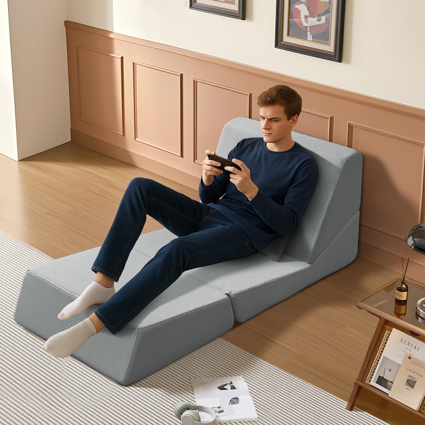 BAMOOLI Sleeper Sofa Bed, Convertible Fold Out Couch, Comfy Alpaca Wool Fabric Portable Foldable Floor Mattress Sleeper Chair with Pillow, Foldable Floor Sofa Lounge for Living Room, Bedroom, Grey