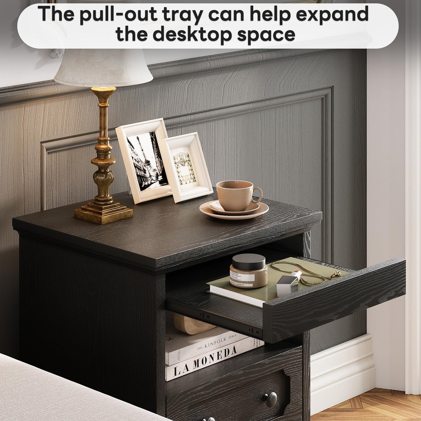 LIKIMIO Night Stand, Modern Bedside Table with 2 Drawers, Open Shelf, End Table with Pull-Out Tray, Wood SideTable, Black