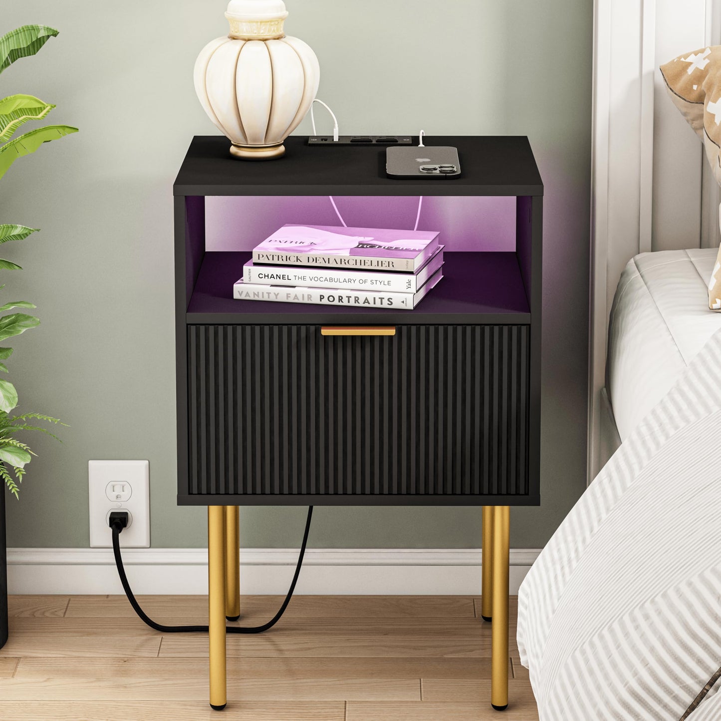 Modern Nightstand with Charging Station and LED Lights, Black Nightstand with Drawer, Fluted Nightstand for Living Room, Bedroom