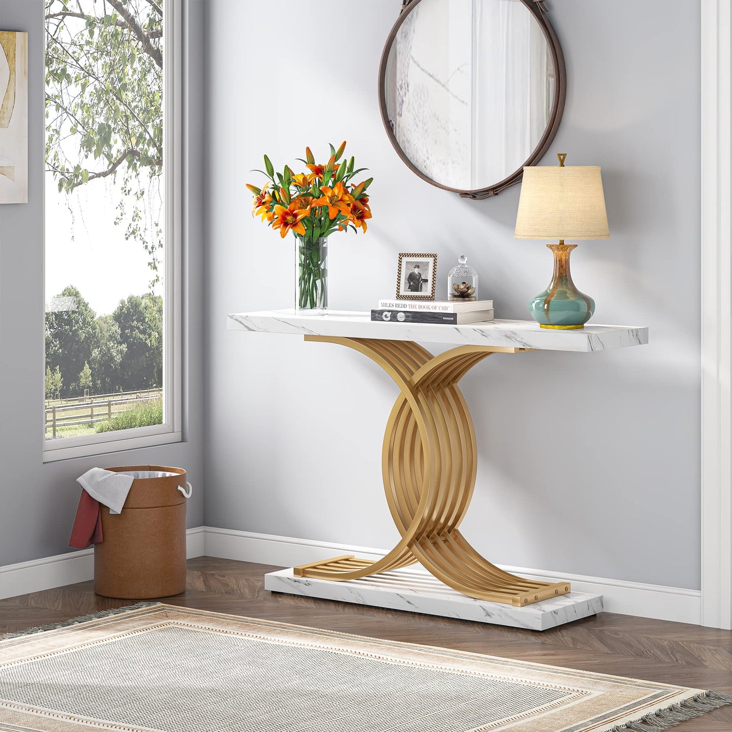 Gold Entryway Table, Modern 39" Console Table with Geometric Metal Legs, Faux Marble Narrow Wooden Sofa Table, Foyer Hallway Tabl for Entrance, Living Room (Gold & White)