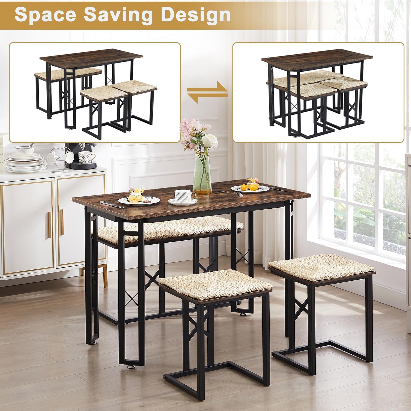 VECELO 43.3" Farmhouse Dining Table Sets, Kitchen Table for 4 with 3 Seats & Wicker Seat Cushions,Metal Frame Space-Saving Adjustable Feets Coffee Table for Home Kitchen Dining, Dark Brown