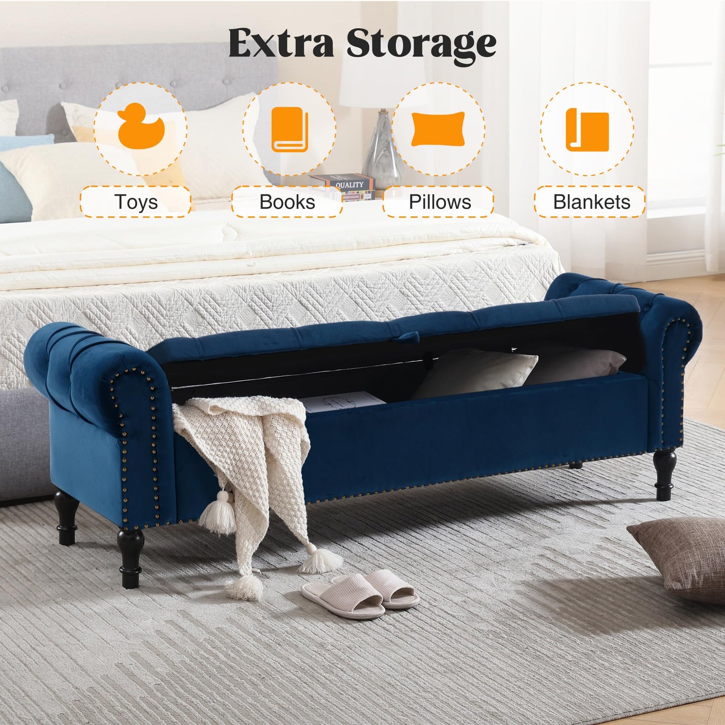 HOMYKA Velvet Storage Bench 67 Inch Upholstered Tufted Ottoman Bench with Arms Large Storage Space King Size End of Bed Bench for Bedroom Living Room Entryway Navy Blue