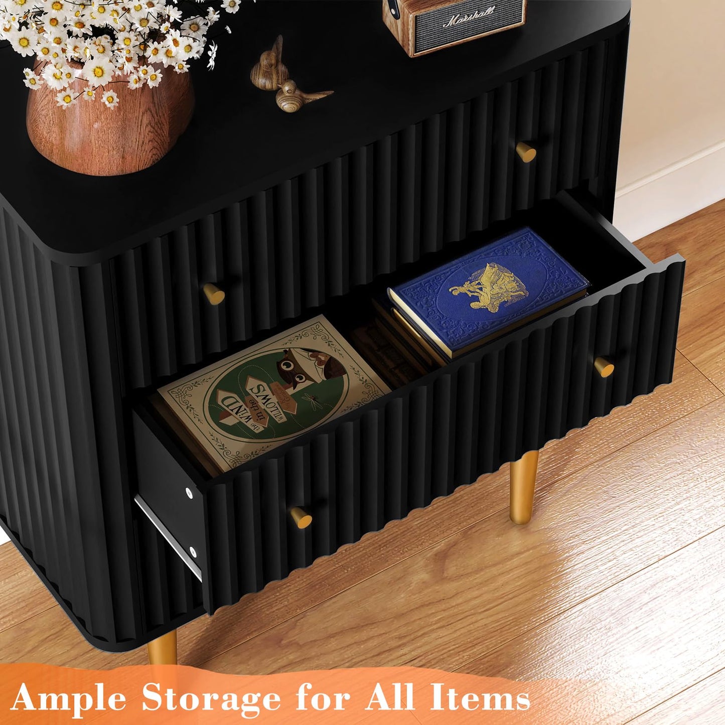 HLR Black Modern 3 Drawer Dresser for Bedroom - Wood Storage Cabinet with Fluted Texture, Spacious Chest of Drawers Organizer for Living Room,Closet,Hallway
