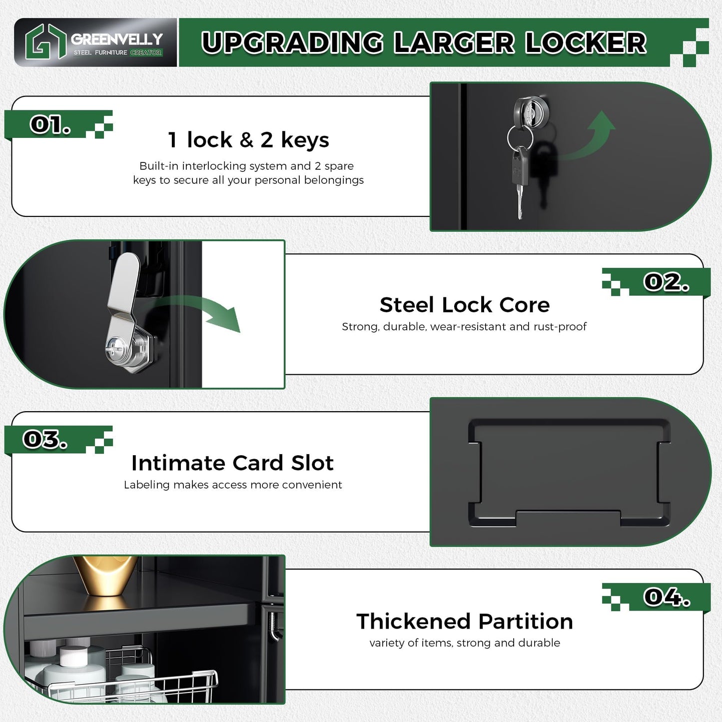 Greenvelly 72" Locker, Metal Lockers for Employees with 6 Doors and Keys, 6-Tiers Black Lockable Steel Storage Locker for Gym,School,Office,Sports,Card Slots,Vents