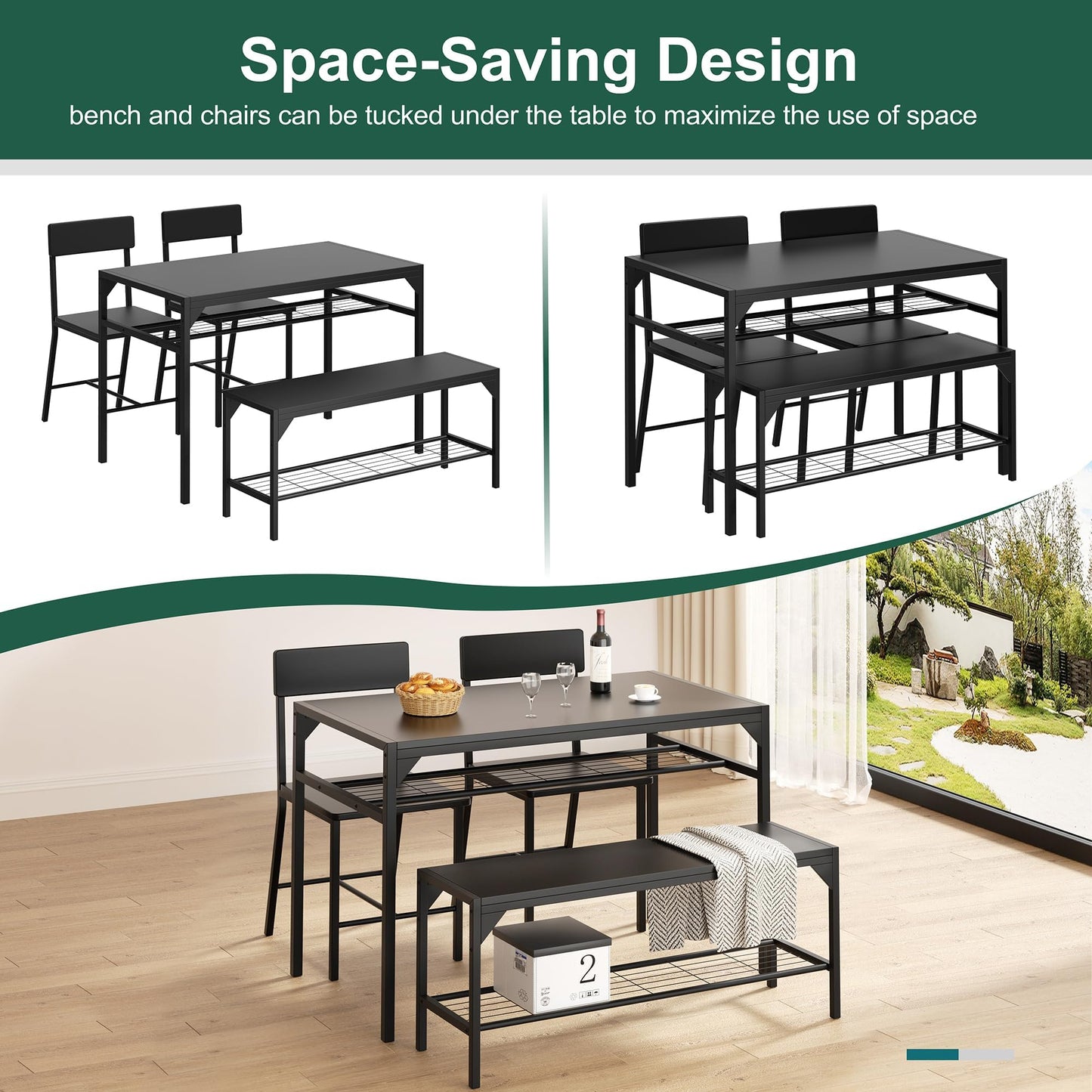 Shintenchi Kitchen Table Chairs Set of 4, Dining Table Set for 4 with Bench and Chairs, 4 Pieces Kitchen Table Set with Storage Rack & Metal Frame for Small Space, Black