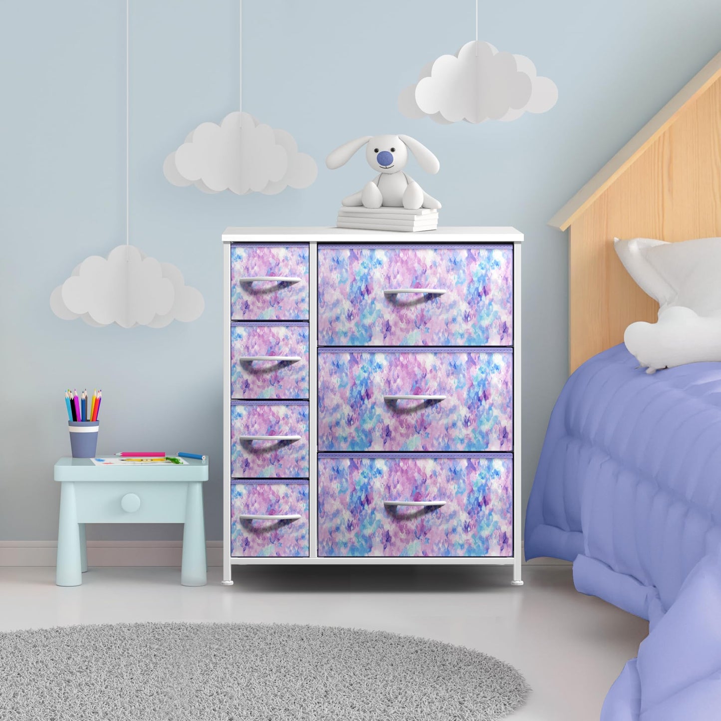 Sorbus Kids Dresser with 7 Drawers - Storage Chest Organizer Unit with Steel Frame, Wood Top & Handles, Tie-dye Fabric Bins for Clothes - Wide Furniture for Bedroom Hallway Kids Room Nursery & Closet