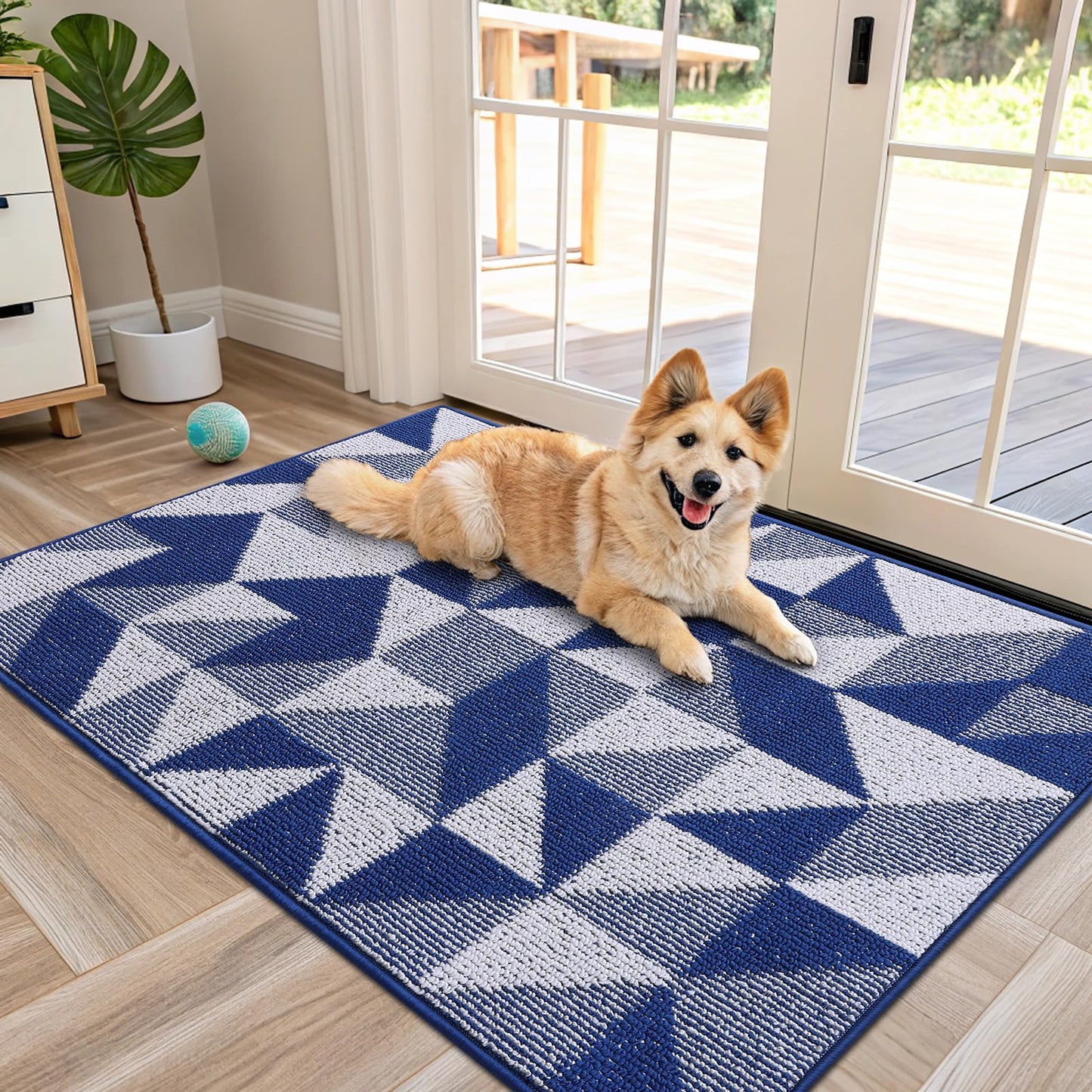 OLANLY Large Door Mat Indoor Entrance Washable 48x32, Odor-Free Low-Profile Front Back Geometric Doormat, Absorbent Resist Dirt Entry Carpet, Easy to Clean Sturdy Inside Floor Mats for Entryway, Navy