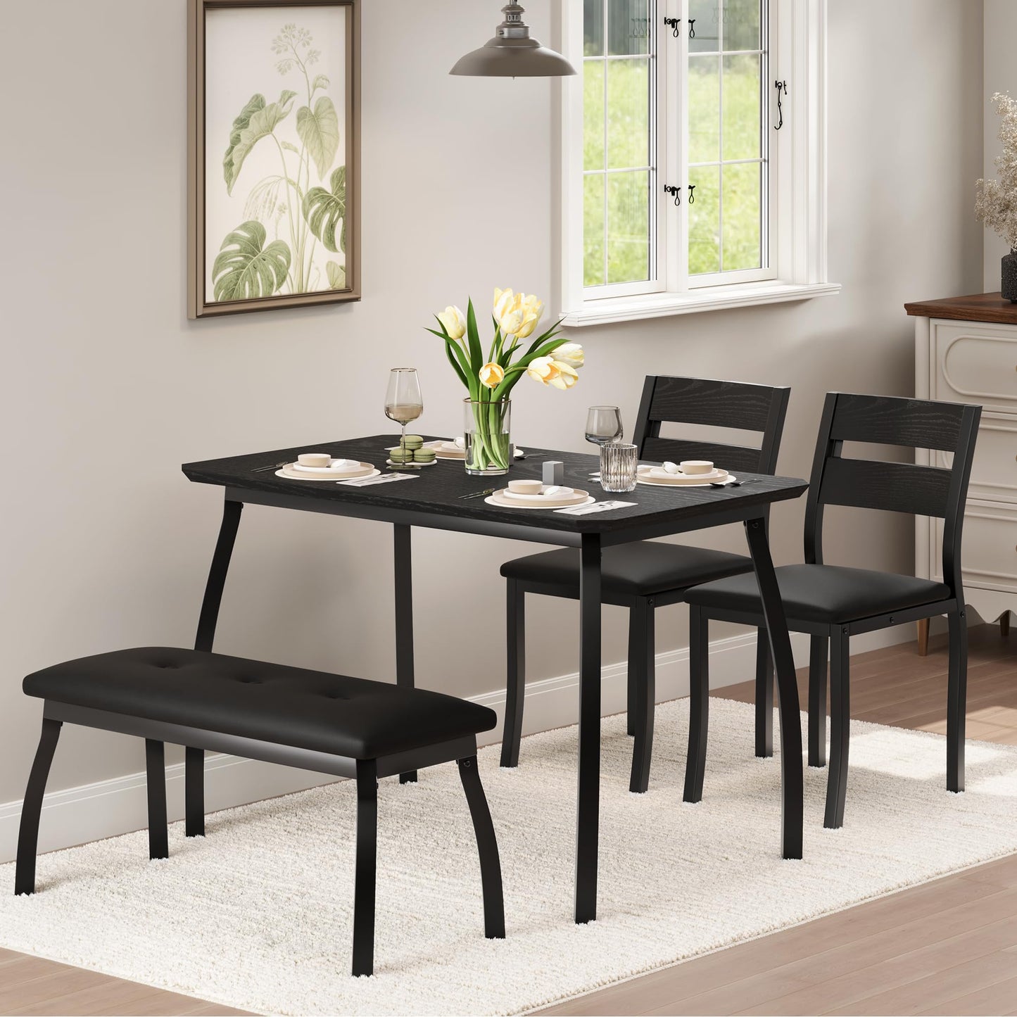 GarveeHome Dining Table Set for 4, Sturdy Wooden Kitchen Table with Chamfer Design and Metal Legs, Upholstered Bench & 2 Classic Dinner Chairs, Kitchen and Dining Set for Home Dinner, Party, Black