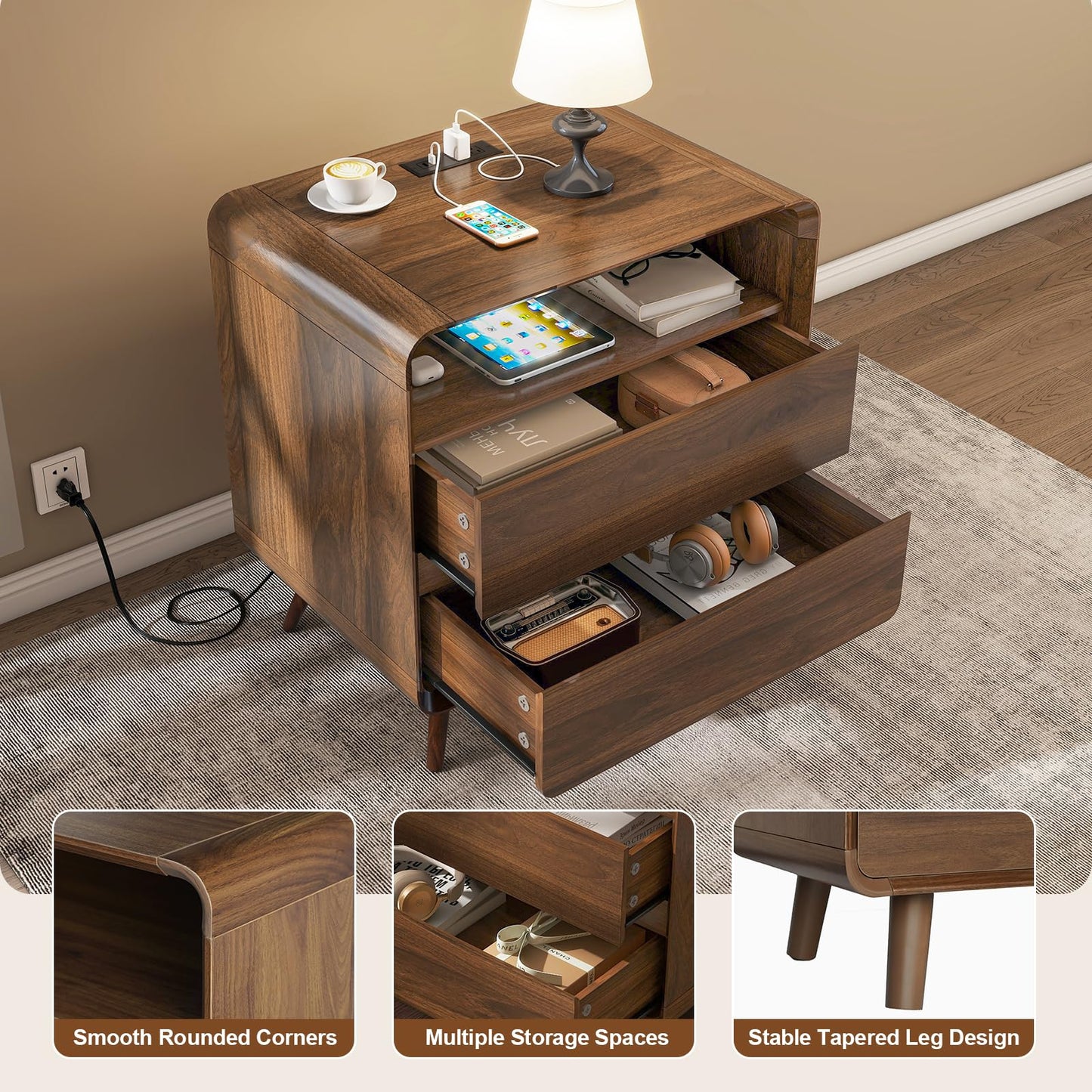 Nasonet Night Stand with Charging Station, 23.7" Wide Mid Century Modern Nightstand with Drawers, Curved Edge, Wood Bedside End Table for Bedroom, Walnut