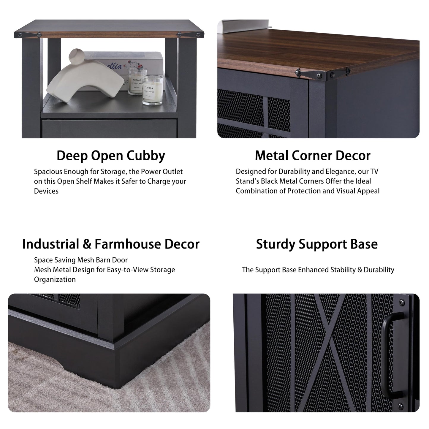 Night Stand with Charging Station Farmhouse End Table for Living Room, Black Nightstand for Bedroom Furniture, Storage Cabinet with Open Shelf, Wood Bed Side Tables for Living Room Couch or Sofa