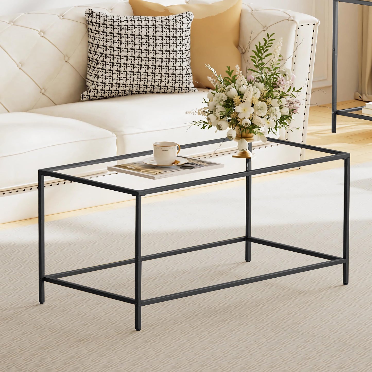 Homleke Glass Coffee Table, Modern Rectangular Coffee Table for Living Room, Minimalist Center Tea Table with Sturdy Metal Frame for Apartment, Office, Easy Assembly, 39.4 x 19.7 x 17.7 Inches, Black