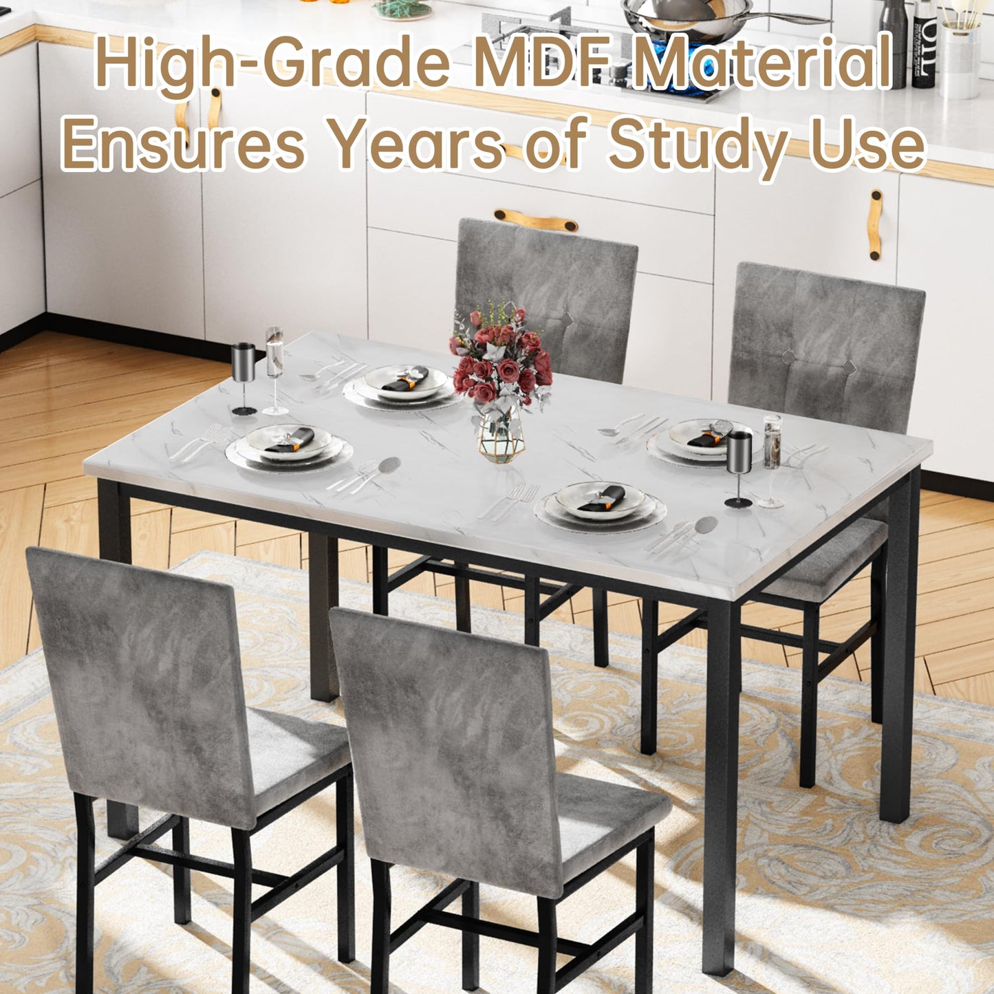 LinkRomat 5 Piece Dining Table Set for 4 Faux Marble Kitchen Table and Chairs Kitchen & Dining Room Sets for Small Space (White & Grey)