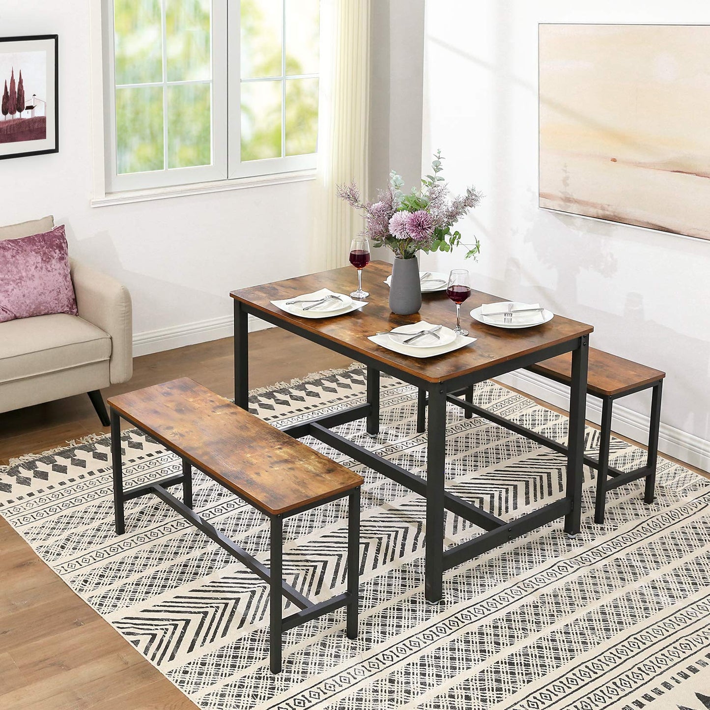 VASAGLE Dining Bench, Pair of 2, Industrial Style, Steel Frame, for Kitchen, Living Room, 12.8 x 42.5 x 19.7 Inches, Rustic Brown + Black，UKTB33X