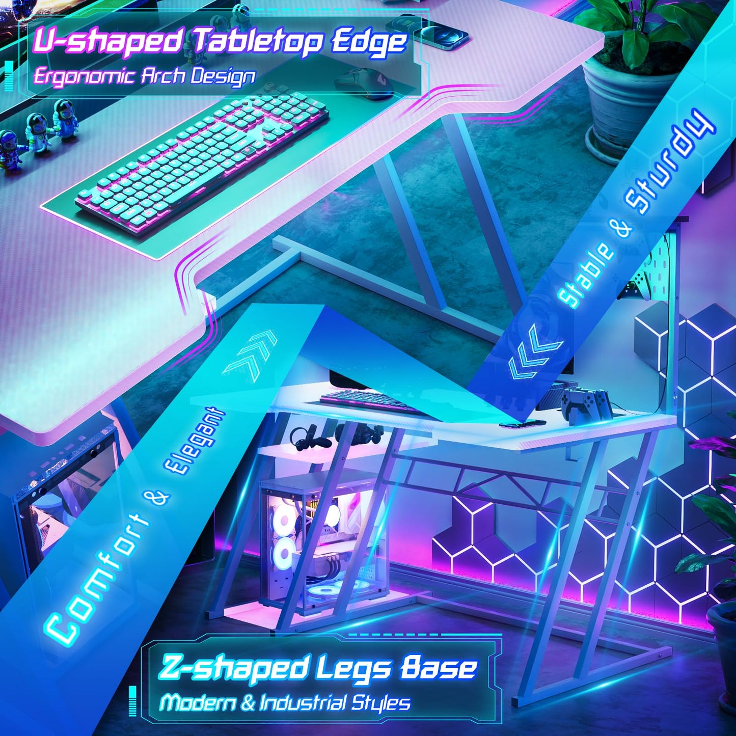 Armocity Gaming Computer Desk with Power Outlets, Gaming Desk with Hutch and LED Lights, Reversible PC Gaming Desk with Pegboard, Carbon Fiber Pink, 47"