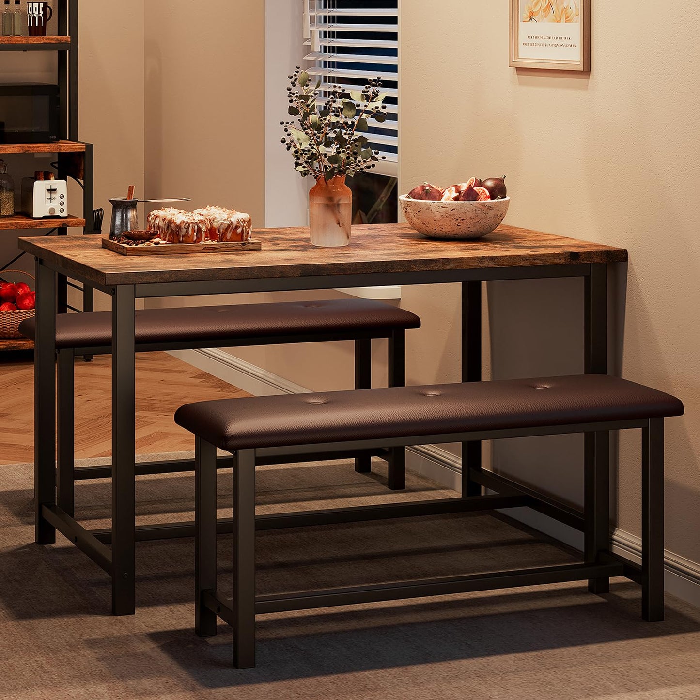 GarveeHome Dining Table Set for 4, Kitchen Table with 2 Upholstered Benches, Wood Kitchen Dining Room Set, for Small Space, Apartment, Home, Dinner, Retro Brown