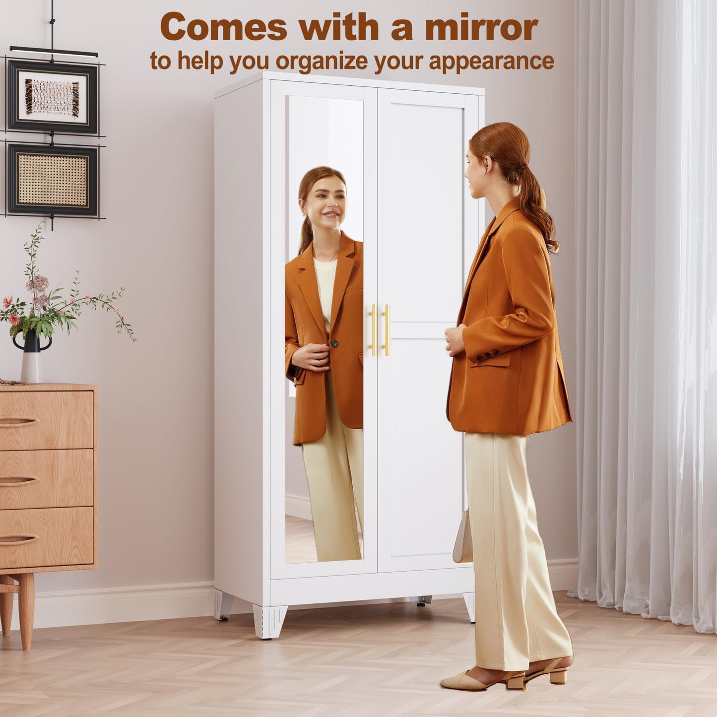 RIETERN Metal Armoire Wardrobe Closet, 71" Tall Bedroom Closet with Mirror, Adjustable Shelves, and Hanging Rod, Steel Clothes Closets and Storage, for Bedroom White