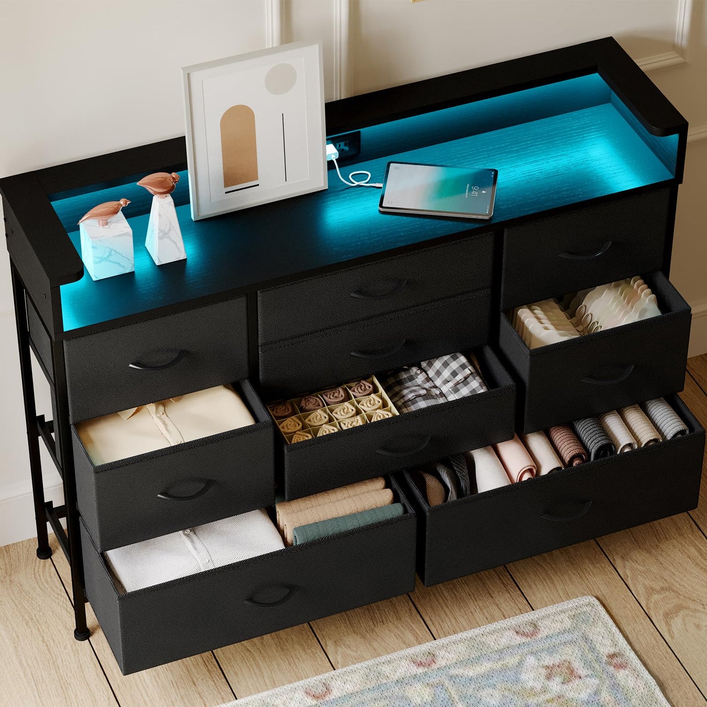 Fixwal Black Dresser for Bedroom with 9 Storage Drawers and Charging Station, Fabric Chest of Drawers for Kid Room, Entryway, Boy Bedroom