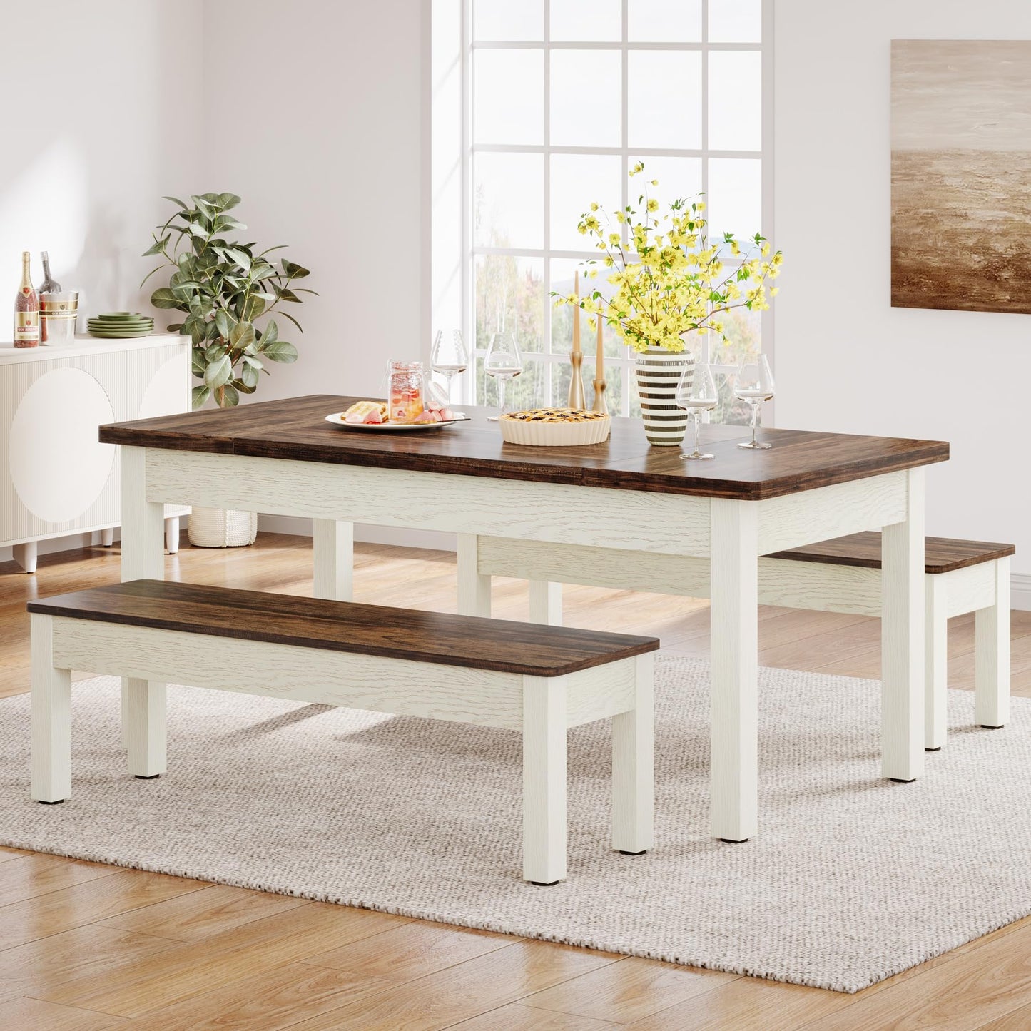 Tribesigns Farmhouse Kitchen Table Set for 4-6, 55-Inch Wooden Dining Table with 2 Benches, Space Saving 3 Pieces Heavy Duty Dinette for Dining Room, Kitchen, Small Space