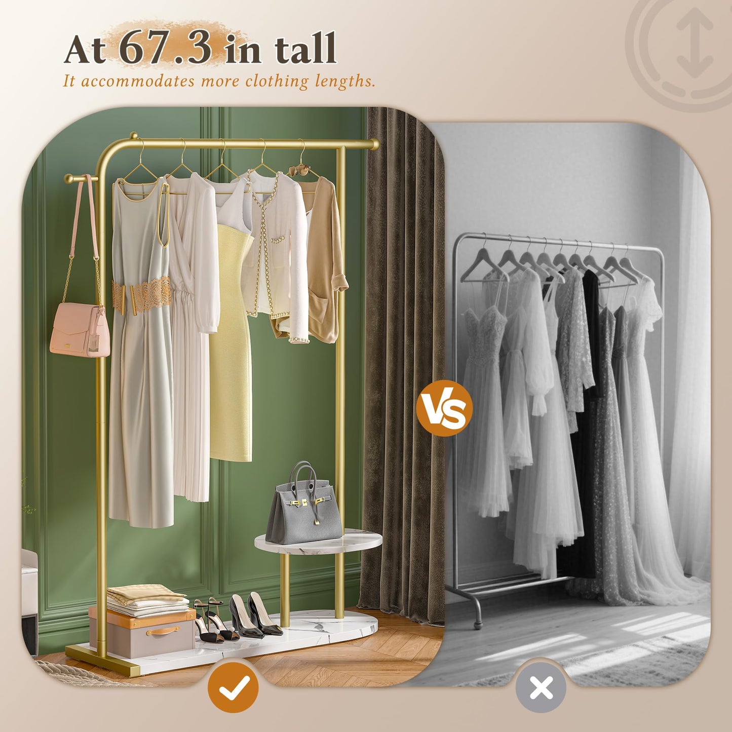 Raybee 67" H Gold Clothing Rack, Modern Coat Rack with Two-Tier Storage, Clothes Rack with a Display Stand for Boutique Store, Living Room, Bedroom