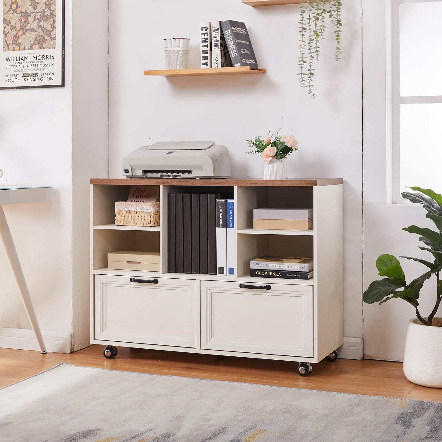 boknight 40" Lateral File Cabinet,Farmhouse Wood Small Home Office Storage with Wheels,Filing Cabinet with 2 Drawers for Legal/Letter/ A4 Size