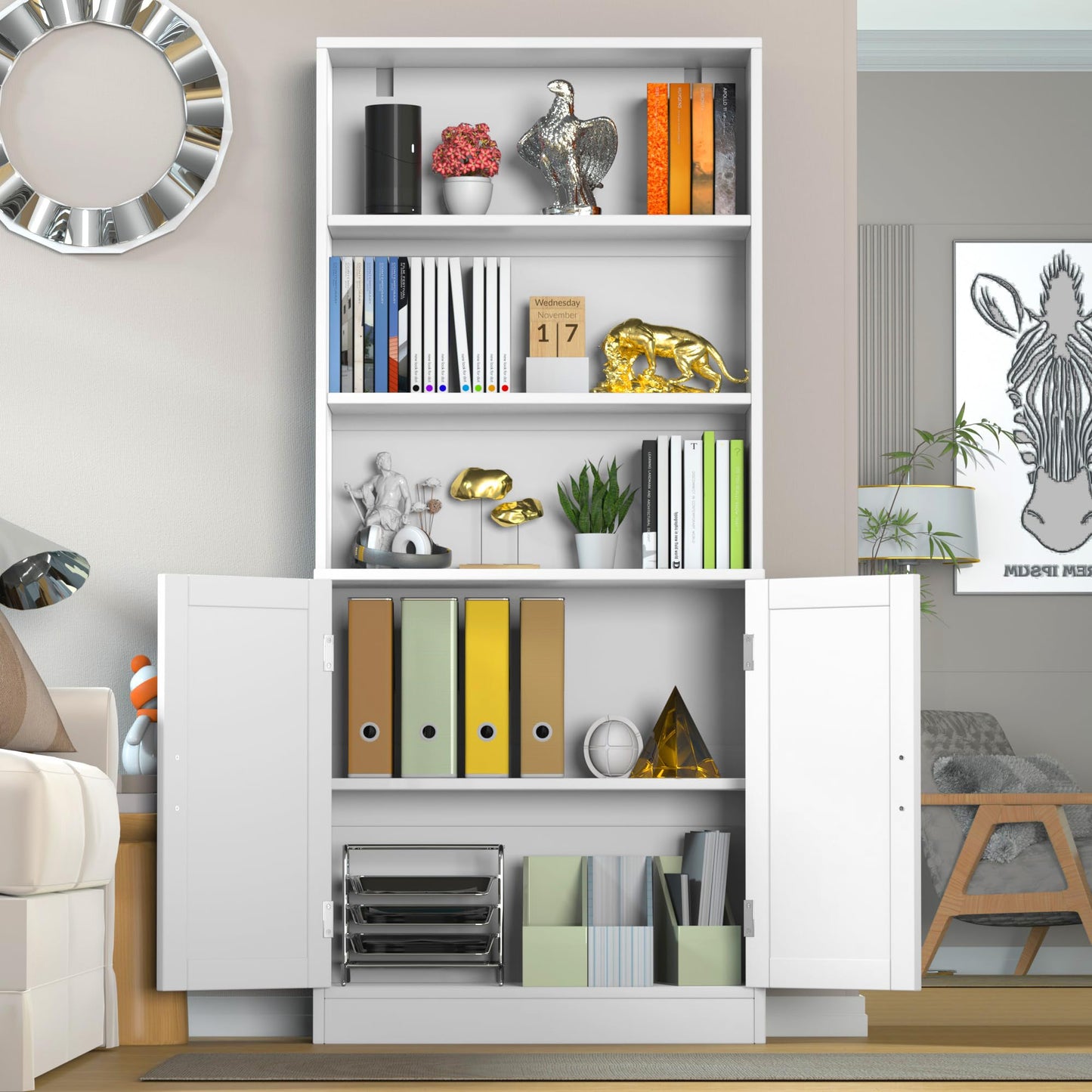DIYART 5 Tier Bookcase with Doors & Cabinet, 75" Tall Large Wood Bookshelf for Living Room, Office, Library, White Storage Display Shelf with Adjustable Shelves