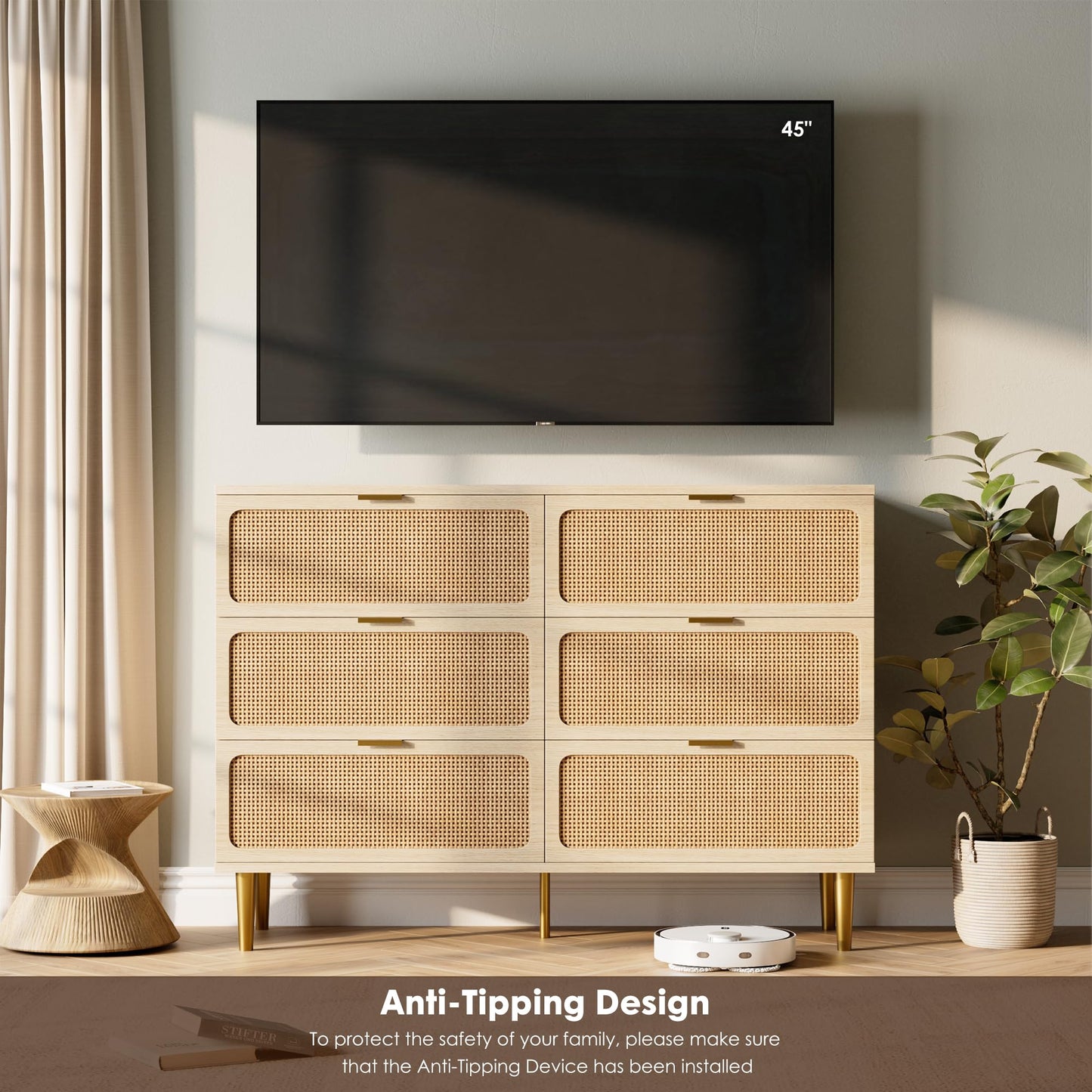Rattan 6 Drawer Dresser for Bedroom, Large Double Dresser with Deep Drawers, Wooden Chest of Drawers for Closet with Wide Top, for Living Room, Hallway, Kids Room, Natural