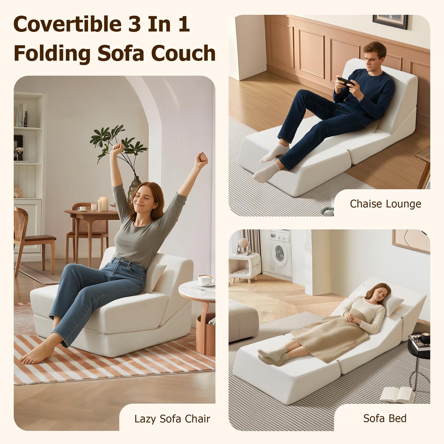 BAMOOLI Sleeper Sofa Bed, Convertible Fold Out Couch, Comfy Alpaca Wool Fabric Portable Foldable Floor Mattress Sleeper Chair with Pillow, Foldable Floor Sofa Lounge for Living Room, Bedroom, Beige