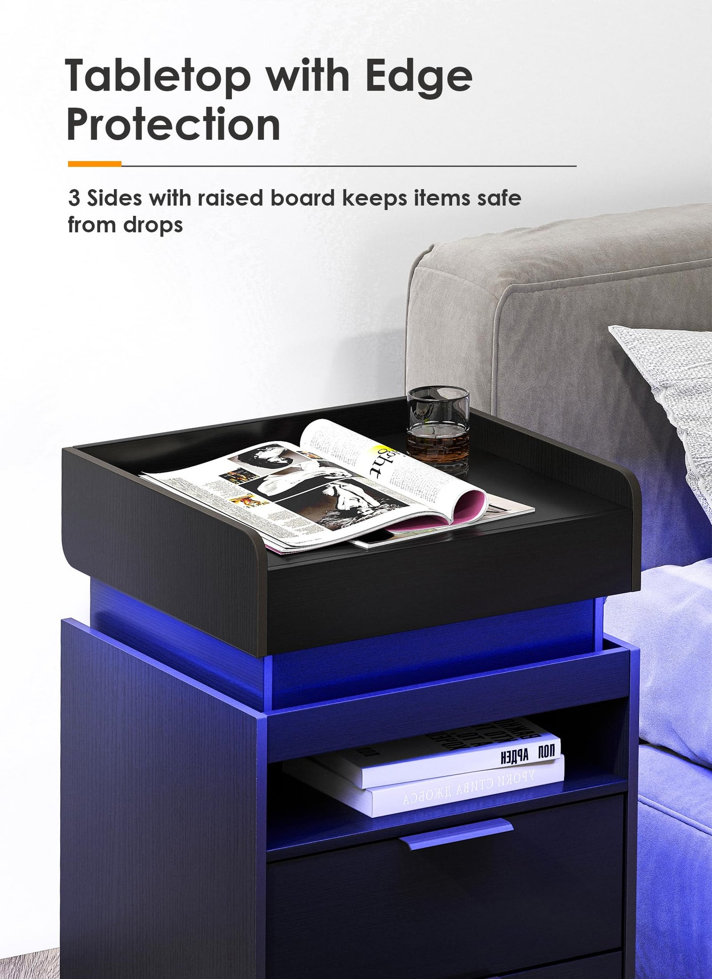 Night Stand with Gun Drawer - Modern Nightstand with Charging Station & LED Lights Widen Bedside Tables with 2 Drawers Hidden Sliding Top Storage Open Cabinet End Table for Living Room Bedroom Black