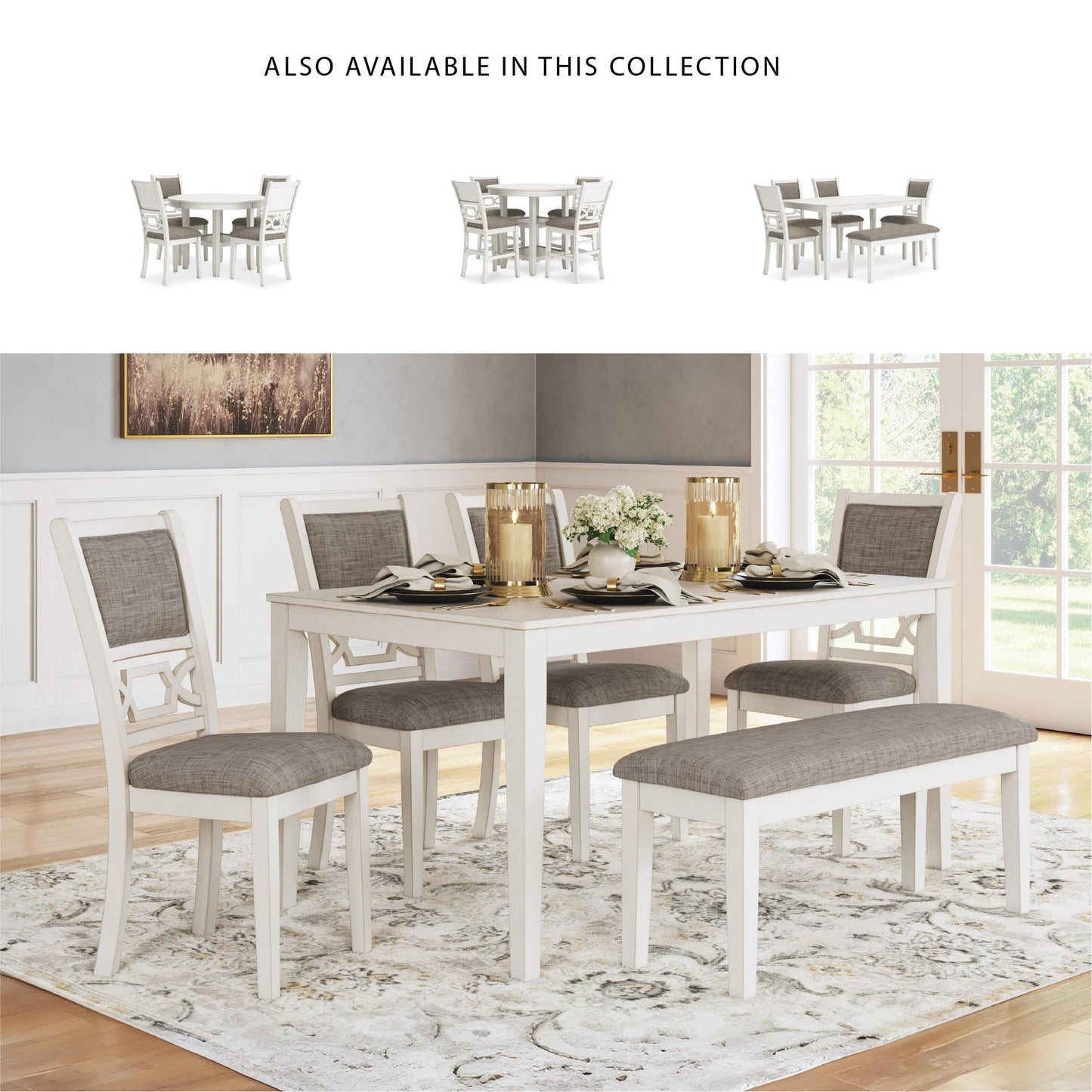 Signature Design by Ashley Erinberg Casual Dining Table with 4 Armless Upholstered Chairs and Bench, Set of 6, White & Light Gray