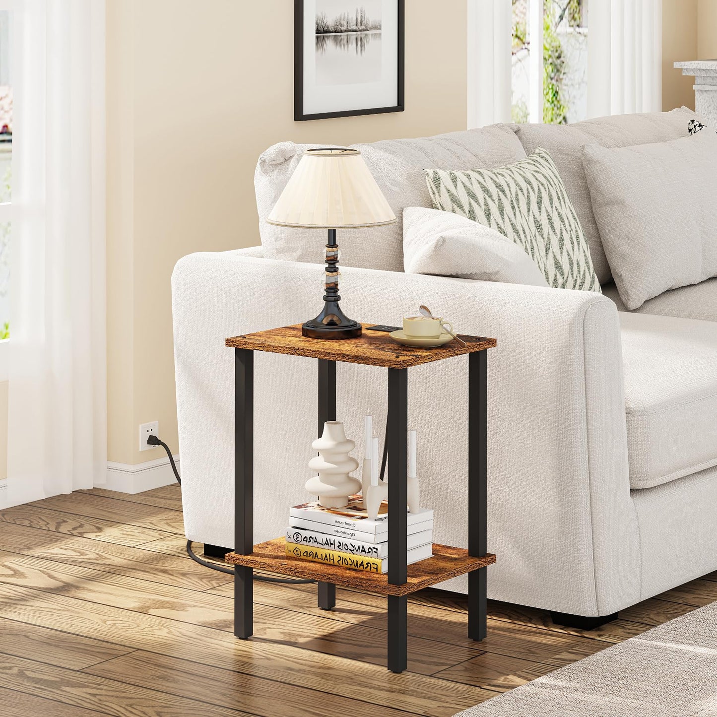 TUTOTAK End Table with Charging Station, Side Table with USB Ports and Outlets, Nightstand, 2-Tier Storage Shelf, Sofa Table for Small Space, 1 Package（2PCS） TB01BB041
