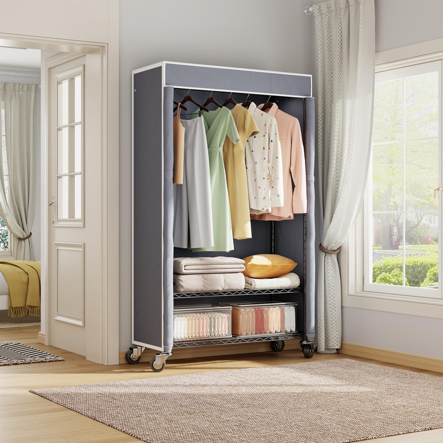 Higeego H4 Heavy Duty Clothes Rack with Cover, Rolling Garment Rack, Wardrobe with Cover and Wheels, Closet Organizer Shelf, Portable Closet Organizer and Storage, Black Clothing Rack with Grey Cover