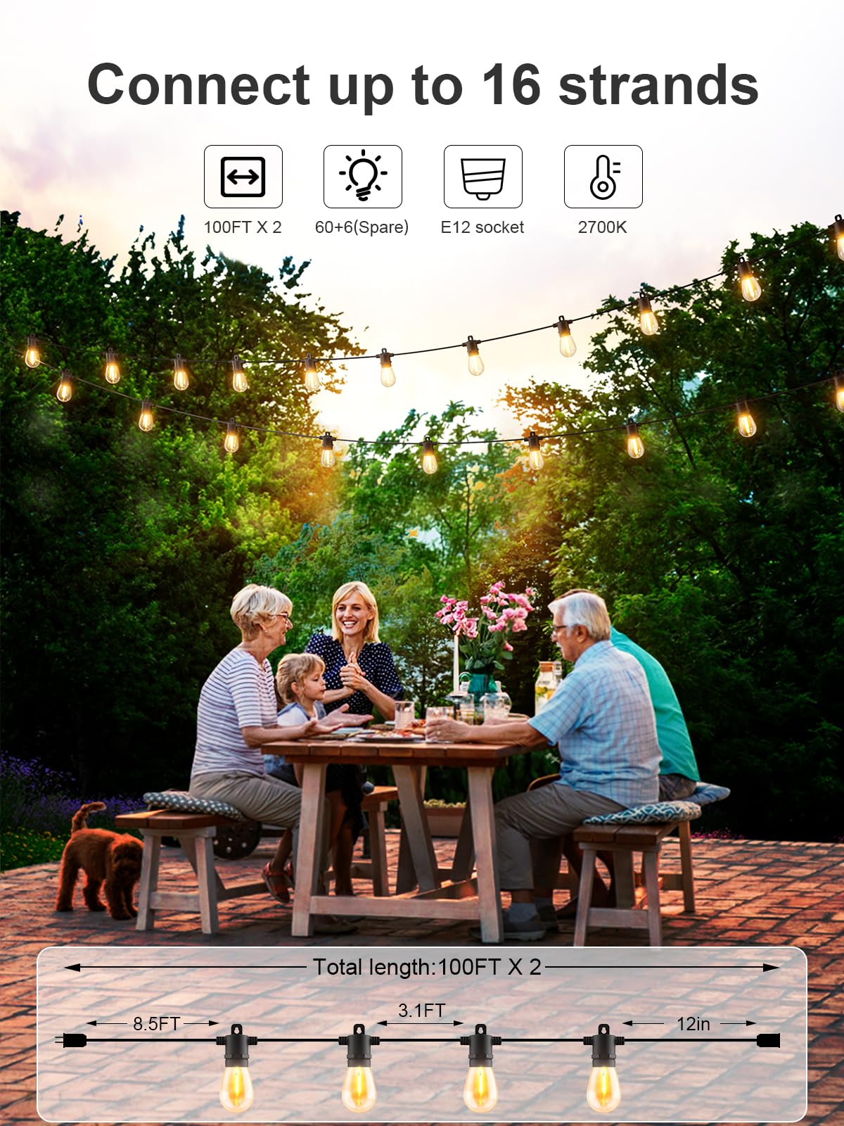 Svater Outdoor String Lights 200 FT, Patio Lights for Outside with Shatterproof LED Bulbs, Waterproof IP65 Commercial Hanging Light for Backyard Porch Balcony Bistro Party, 2700K