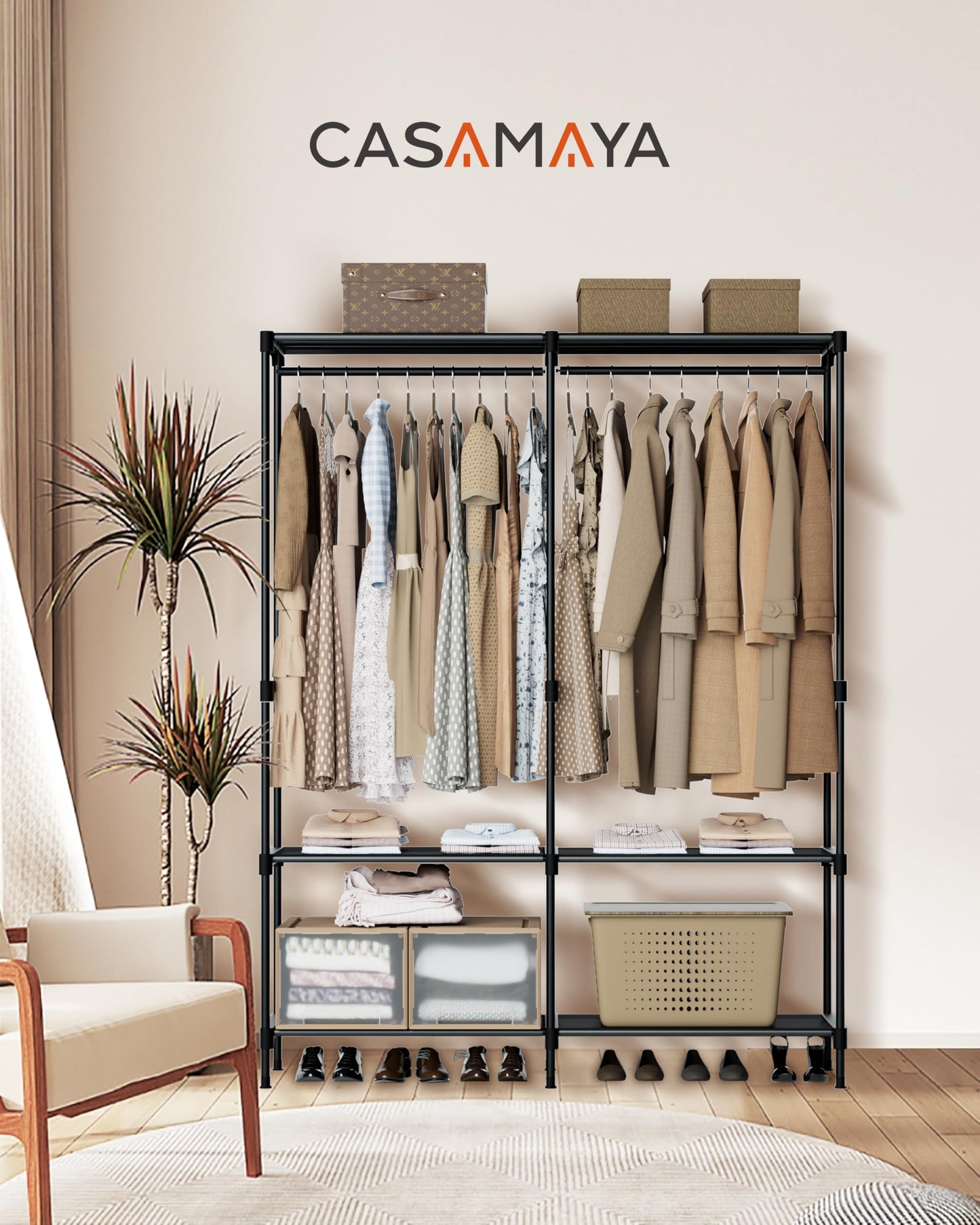 CASAMAYA Clothes Rack, Portable Closet, 54.3 Inch Large Capacity Wardrobe Closet, Clothes Storage Organizer with Shelves and 2 Hanging Rods, Easy to Assembly, Black PCT002B01