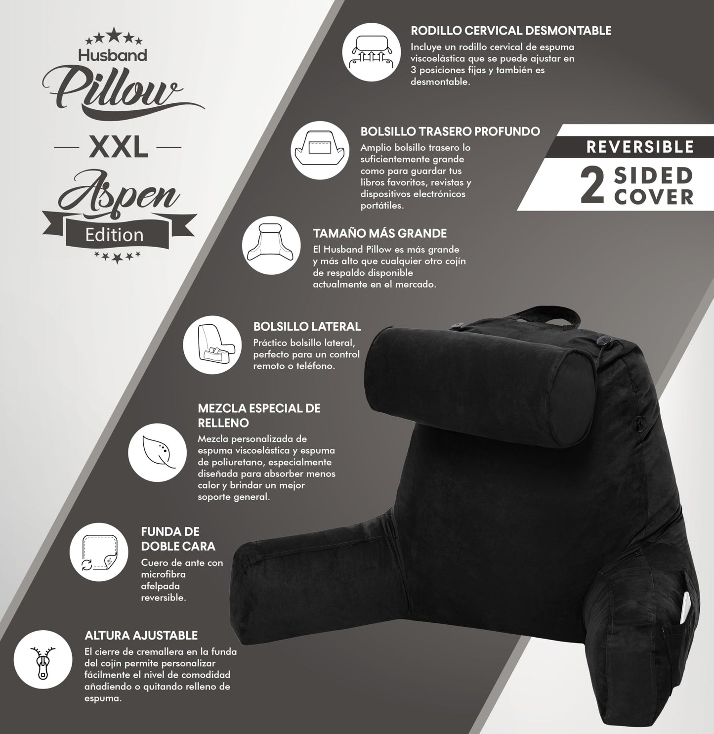 Husband Pillow XXL Aspen Edition, Adult Reading Sit Up Bed Rest Pillow for Bed with Arms & Neck Roll on Bungee Cord - Premium Memory Foam - Reversible 2 Sided Cover Micro Suede or Plush, Stable Black