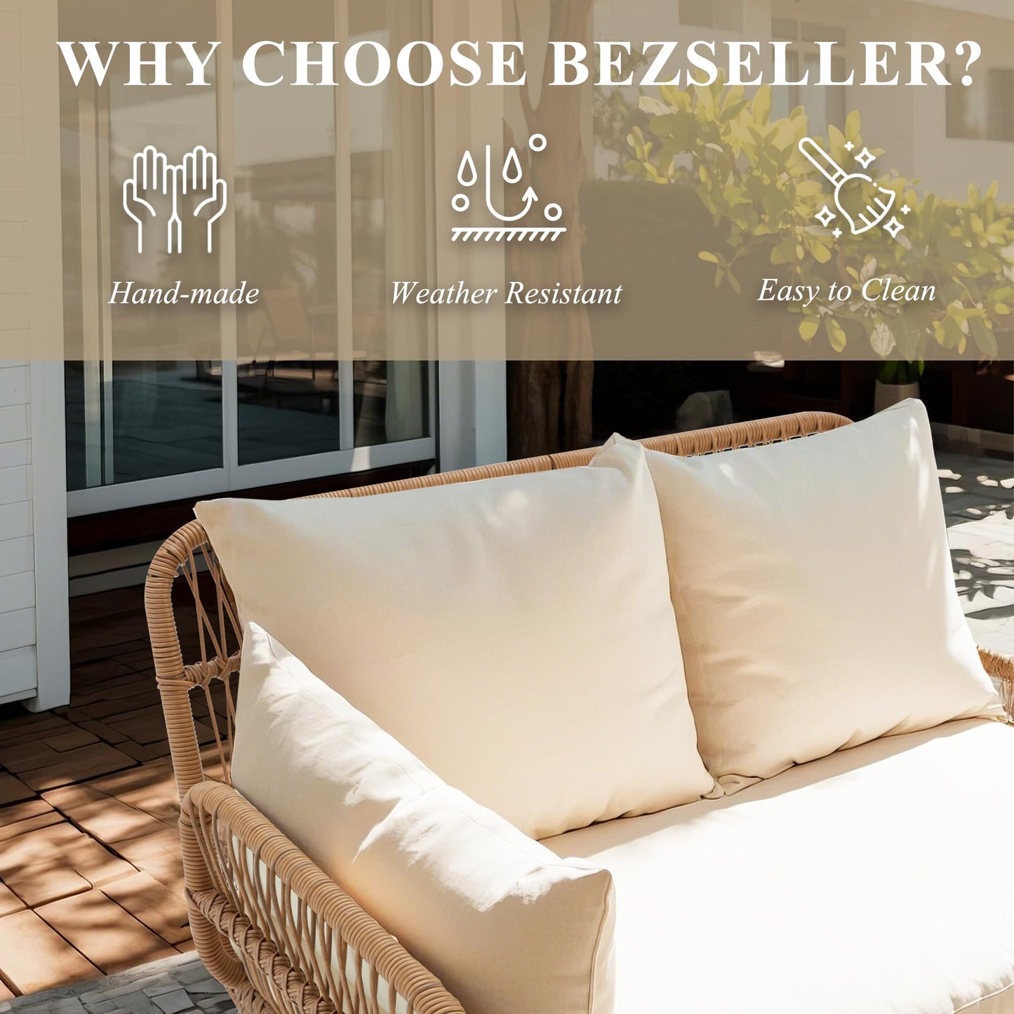 Bezseller 3-Piece Outdoor Patio Furniture Set – L-Shaped Rattan Sectional Sofa with Detachable Lounger, Glass Coffee Table & 4" Cushions – All-Weather PE Wicker for Backyard, Porch, Poolside