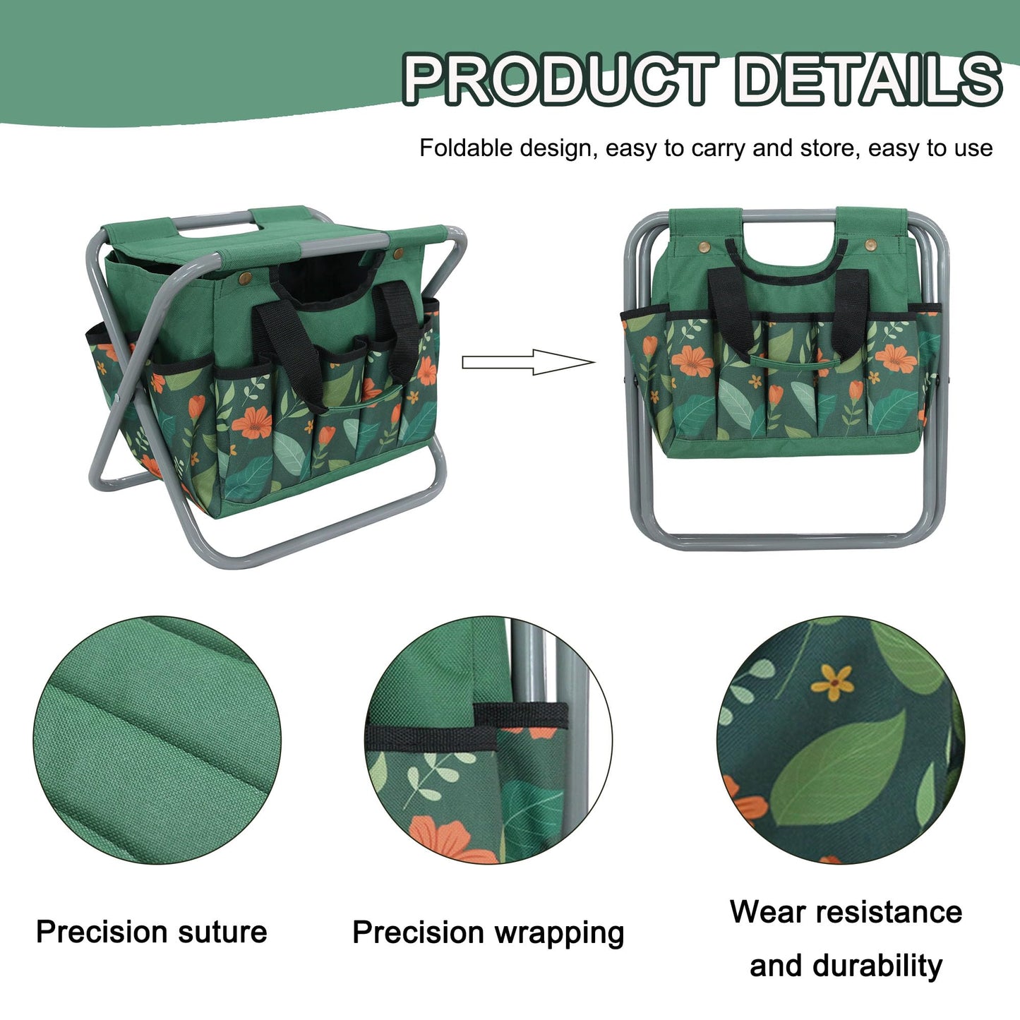 GeerDuo Folding Gardening Stool with Detachable Storage Tote Bag, Multifunctional Gardening Tools Set Organizer for Fishing and Camping,Portable Garden Chair Seat for Adults (Green Flower)