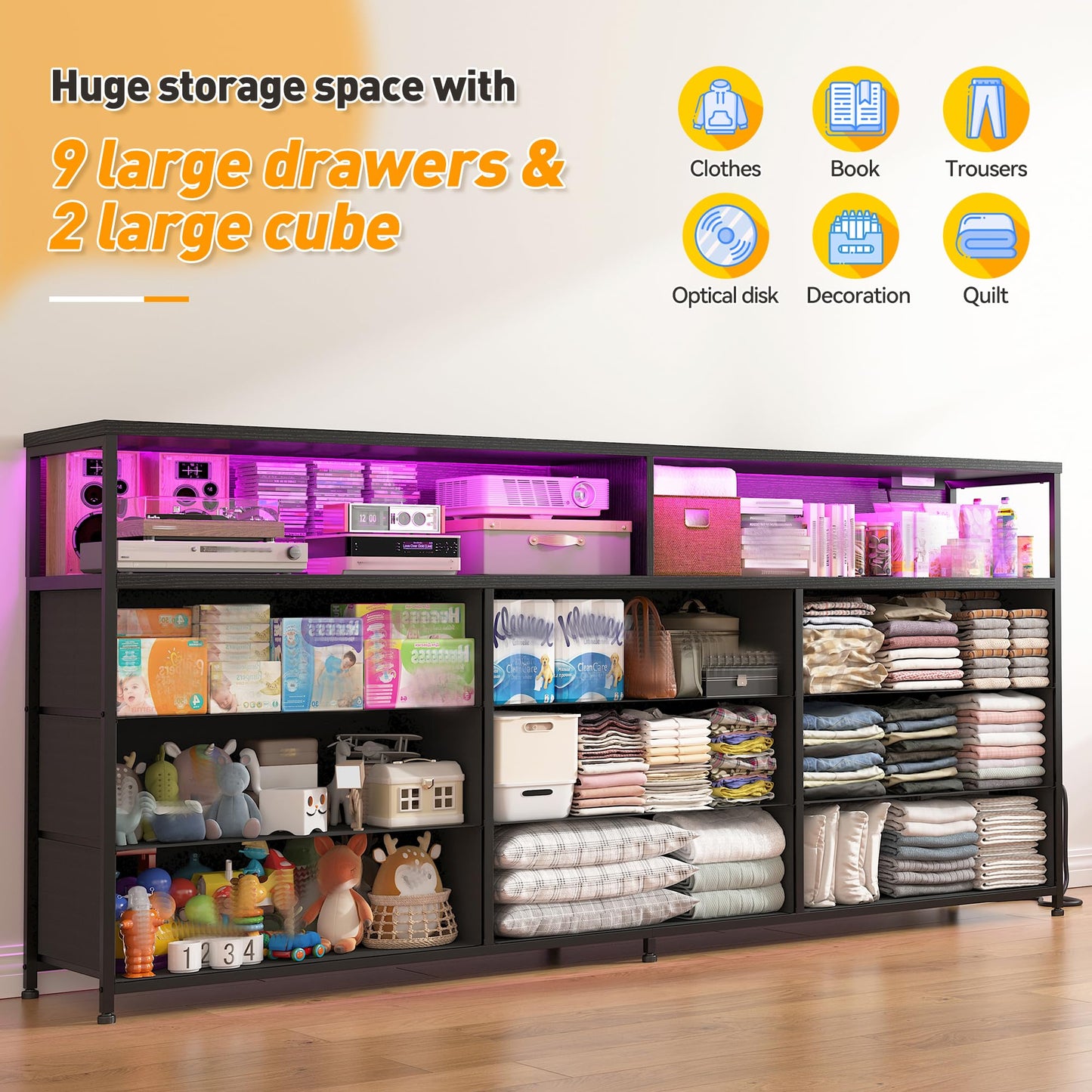 EnHomee 55” W Black Dresser for Bedroom with Charging Station & LED, 65" TV Stand for Bedroom with 9 Fabric Drawers, Sturdy Chest of Drawers with Open Storage Shelves for Closet, Living Room