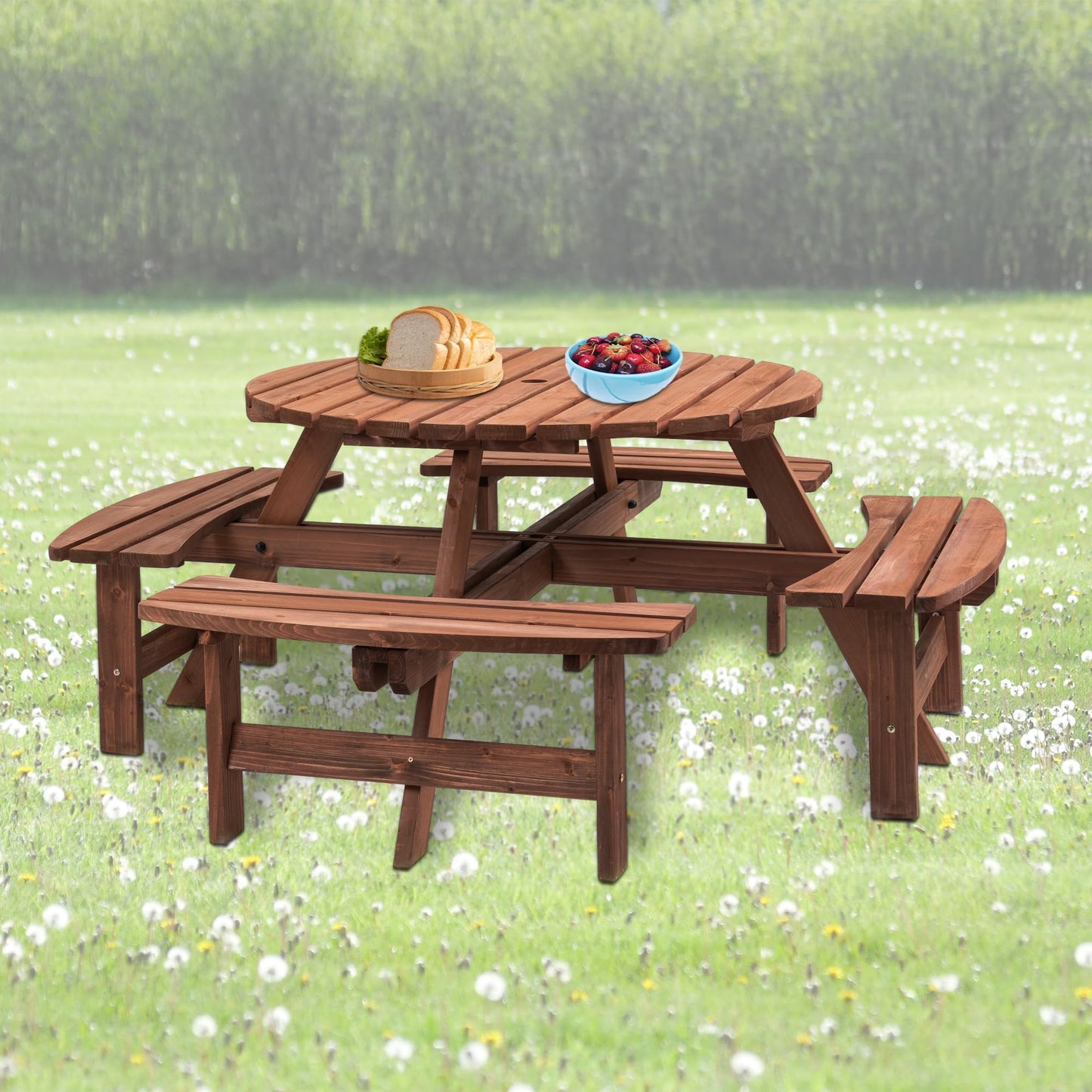 DOPERFE 8-Person Outdoor Round Wooden Picnic Table with 4 Built-in Benches, Outdoor Dining Set with Umbrella Holes, 2220 lb. Weight Capacity for Garden, Lawn, Patio (Brown, 70.07"*70.07"*27.55")