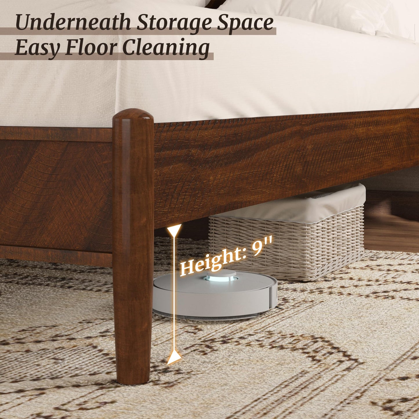 Cozyman Bed Frame King Size and Headboard, Acacia Wood, No Box Spring Needed, Herringbong Pattern, 800 lbs, Non-Slip Without Noise, Walnut