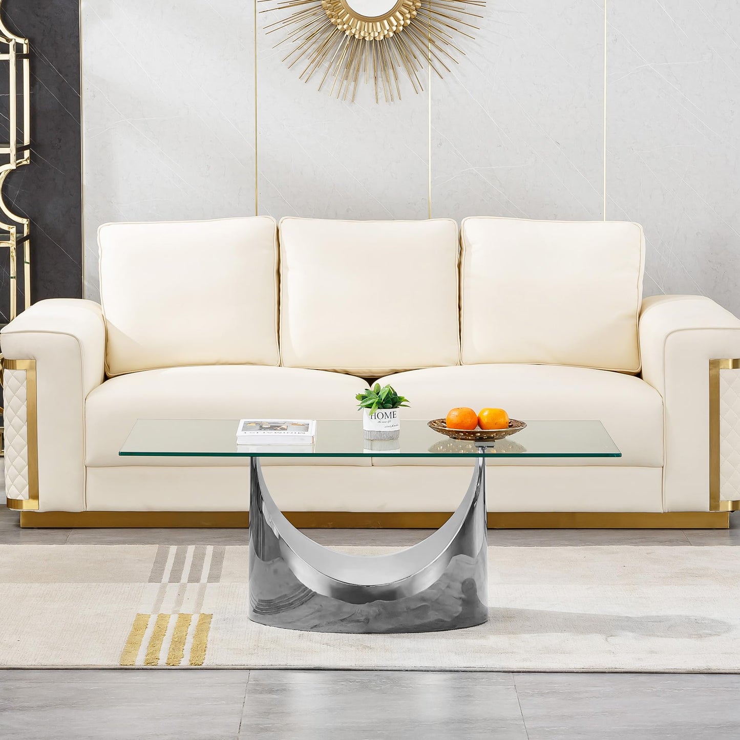 SSLine Modern 1 Piece Living Room Coffee Table Luxury Silver Glass Coffee Table with Sturdy Stainless Steel Base for Living Room Bedroom Office (1 Coffee Table)