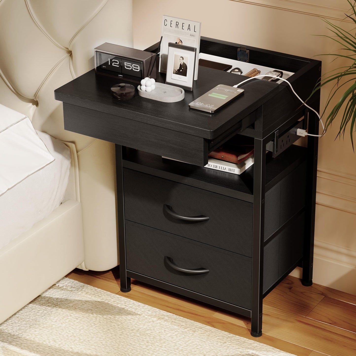 Lazzanto Nightstand Hidden Drawer Charging Table - Night Stand with Charger Station and Sliding Top Storage, Morden Bedside Table with 2 Fabric Drawers, for Dorm Living Room Bedroom, Black