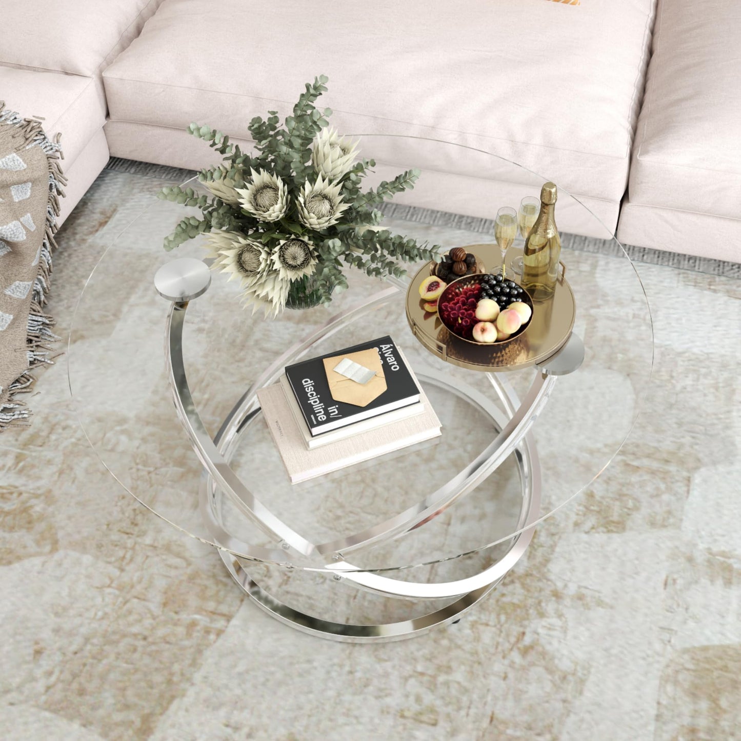 Otterease 31" Glass Coffee Table, Modern End Table with Ring Silver Metal Frame, Round Glass Coffee Table for Decoration, Small Silver Coffee Tables for Living Room, Study Room, Office