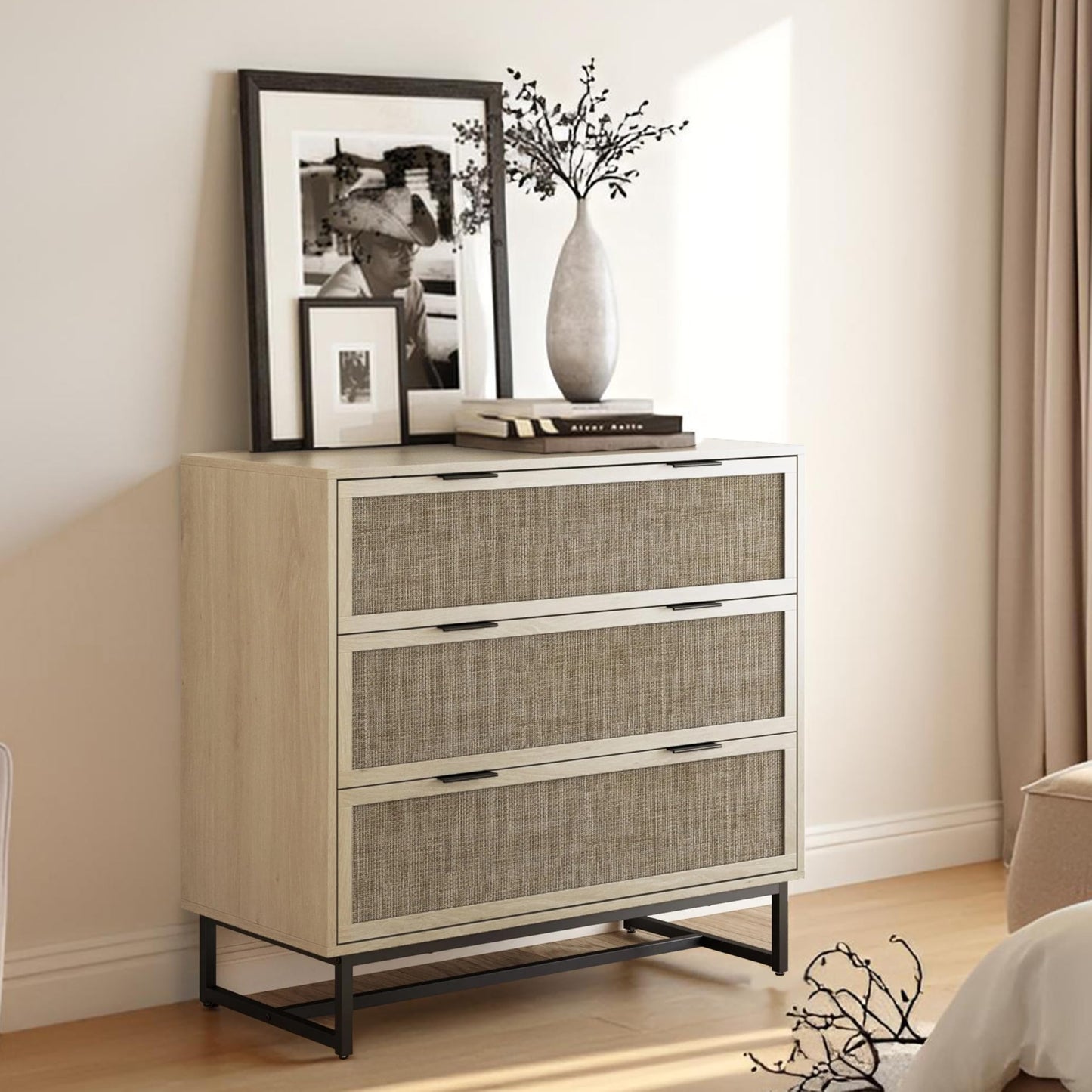 SOLACE FURNITURE Rattan Dresser for Bedroom with 3 Drawer, 37.2" Wide Dresser with Metal Handles, Wood Storage Chest of Drawers for Living Room and Hallway, Natural Oak